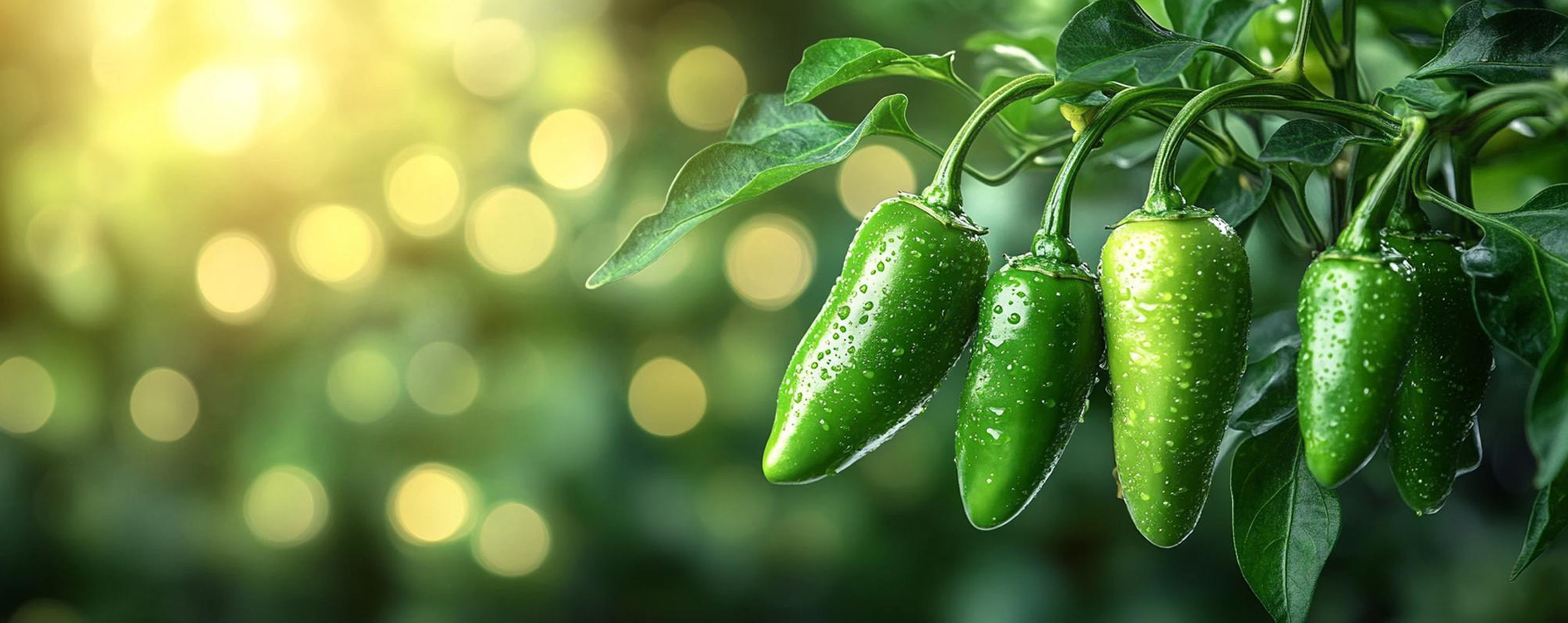 Fresh green jalapeños growing on plant with water droplets