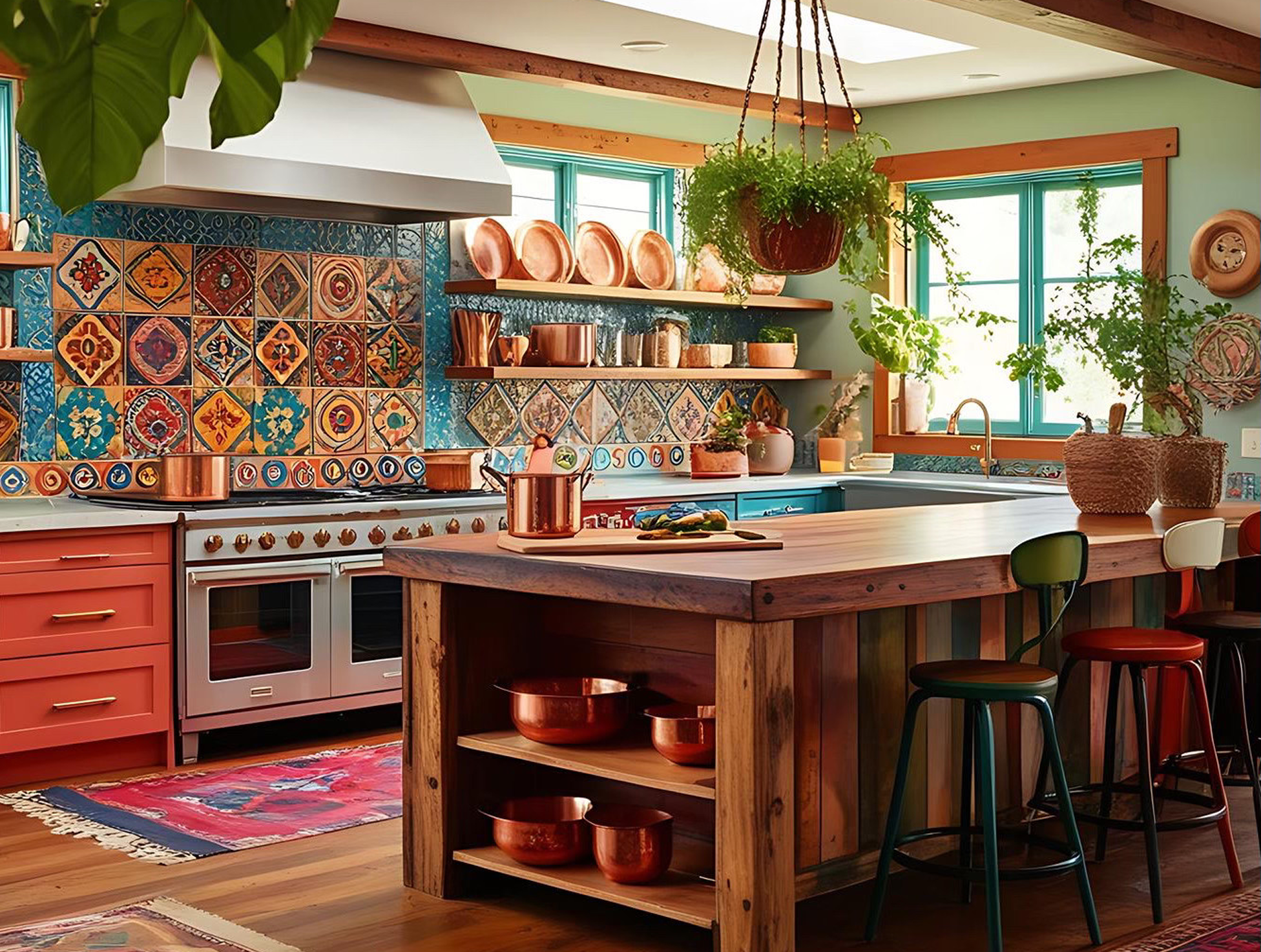 Colorful Mexican kitchen with talavera tiles and copper pots